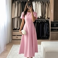 Elegant pink A-line midi dress with round neck and short sleeves for evening parties - S / Pink