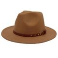 Detail of camel wool felt fedora featuring a brown leather band with gold rivets - M(56-58cm) / Camel (3 Rivets)