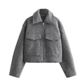 Close-up of grey textured wool-like short jacket showing collar and zipper details - XS / Gray