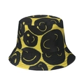 Streetwear καπέλο κουβάς με κίτρινα graffiti smiley σε μαύρο καμβά ύφασμα - 58cm / Μαύρο και Κίτρινο Μοτίβο Χαμόγελου