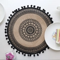 Handwoven round jute placemat with black mandala pattern and fringe tassels decoration - Type K Black Pom-poms