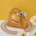Elegant ginger yellow leather wedding favor bag with decorative floral silk scarf handle - Ginger Yellow (Floral Satin)