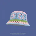 Pink and blue handmade crochet bucket hat with vintage floral patterns and green trim - One Size / Pink Patchwork Floral Hat