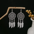 Vintage silver dreamcatcher earrings with triple feather pendants on wooden branch - E4698-3/Dreamcatcher Triple Feather