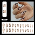 Detail view of 24pcs almond fake nails with beige base and black wave lines, W883 style - Black Curve (W883)