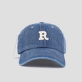 Classic blue denim baseball cap with a white towel embroidered letter R on a clean background - Adjustable / Dark Blue