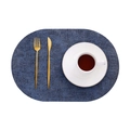 Oval dark blue leather placemat with linen texture featuring golden cutlery on white background - Oval / Oval Dark Blue