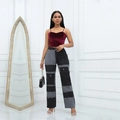 Women's burgundy velvet crop top and grey-black patchwork wide-leg cargo pants - XS / Black