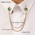 Golden collar chain with green oval stones and turquoise beads on white shirt - Rhombus Green Gemstone + Green Bead Chain (NMSC-R156-1) / 18K Gold