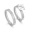 Elegante juego de anillos solitarios de seis garras con banda de plata brillante - US 6 / Color Acero