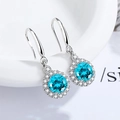 Elegant silver drop earrings with round sky blue gemstone and halo of white diamonds - Aquamarine Diamond Four-prong Round Earrings Led-98