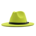 Classic fluorescent yellow wool felt fedora hat with a black leather belt buckle band - M / Neon Yellow