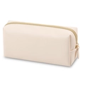 Beige octagonal PU leather makeup bag with cross-grain texture and gold zipper - Extended Version / Beige