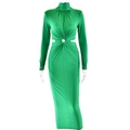 Detail view of the side cutout and rhinestone buckle on the green mock neck dress - S / Green