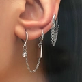 Close-up of silver geometric ear cuff set with micro-set zircon and chain pendants - Silver Chain Pendant Zirconia Ear Jewelry (白Kwg-0928)