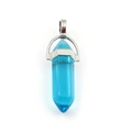 Blue hexagonal crystal column pendant necklace with metal bail on white background - Blue