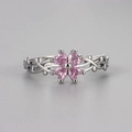 Vintage silver four-leaf clover ring with pink heart stones and vine-wrapped band design - Adjustable Open / White Gold Pink Zirconia