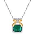 French style emerald perfume bottle pendant necklace with golden bow and silver chain - Thick Silver White Gold - Lab-Grown Emerald Square with Bow (NL020295)