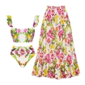 Detailed view of floral lemon print bikini and high-waist tiered maxi skirt set - S / 3-Piece Set (Swimsuit + Skirt)
