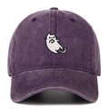 Detailed view of white cartoon cat embroidery on washed vintage purple baseball cap - Purple