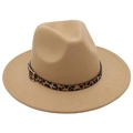 Detail of camel fedora hat featuring leopard print band and golden metal buckle - Camel