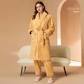 Ensemble peignoir et pantalon en flanelle jaune citron épais avec passepoil blanc - XL / Jaune Citron Femmes