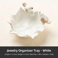 Leaf-shaped white ceramic jewelry tray with decorative bird figurines and vein detail - Jewelry Storage Tray - White