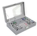 Grey leather watch and jewelry display box with 8 slots and a clear viewing window - 8+2 Slot Grey (Window)