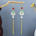 Detail of vintage beaded earrings with white peace buckle and gold silk tassels - New Chinese Style Tassel Dangle Earrings(E1543-2)