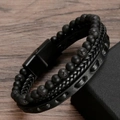 Detail of men's punk leather bracelet featuring lava stone beads and black magnetic clasp - Matte Black Agate & Lava Stone Style / Black