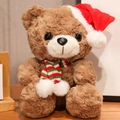 Brown Christmas Teddy Bear plush in a red Santa hat and striped scarf decoration - 25cm / Dark Brown