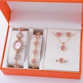 Damen-Uhrenset in Roségold mit rosa Herz-Strasssteinen und passender Schmuck-Geschenkbox - Roségold Rosa Herz Set (Ohne Box)