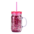 Transparent double-walled glitter mason jar with pink handle, lid and straw - Transparent Glitter Rose Red