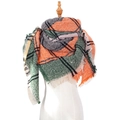 Women's plaid circle yarn scarf in green and orange tones with stylish tassels - Orange Plaid