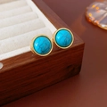 Vintage gold-rimmed earrings with turquoise beads and black web pattern detail - Silver Earring Post Round Turquoise Pattern Stud Earrings