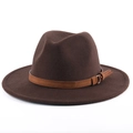 Deep brown wool fedora hat with wide brim and decorative leather belt buckle - M (56-58cm) / Coffee