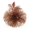 Bibi vintage marron avec voilette en résille, pois et plumes pour mariée - Café Foncé