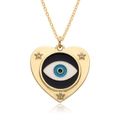 Golden heart-shaped evil eye pendant necklace with star zircon inlays on white background - Blue Enamel Heart Evil Eye (c359)