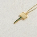 Golden key necklace with emerald green zircon stones on a rectangular flat head pendant - Large Key / Gold with Green Zircon