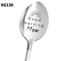Macro view of polished stainless steel spoon engraved with Good morning Mom and sun icon - Good Morning Mom