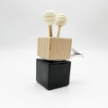 Square glass car perfume bottle with wooden lid and air vent clip in light brown finish - Glossy Black / With Engraving