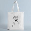 Weiße Canvas-Einkaufstasche mit schwarzem Porträt-Linienkunst-Motiv für Damen im Modestil - STD239-E/Mädchen mit Sonnenbrille