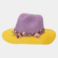 Close-up of beach straw hat with shell trim and purple yellow contrast weaving - One Size / Purple and Yellow Brim