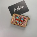 Bohemian black leather card holder with colorful handmade bead-embroidered butterfly pattern - No.23 (Symmetrical Butterfly)