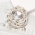 Bohemian multi-layer white seed bead bracelet with golden tree of life and leaf charms - White