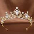 Elegant gold bridal tiara with sparkling crystal rhinestones on a satin background - Gold Rainbow Diamond