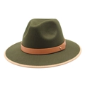 Dark green wool fedora hat with beige trim, brown leather band and gold rivet detail - M (56-58cm) / Army Green
