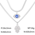 Double-layered silver necklace with Evil Eye and Hamsa Hand charms and crystal details - Silver (KN230225-KFC)