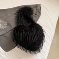 Fashionable black faux feather handbag with a metallic chain strap in a heart shaped design - Black