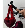 Detail of red and black gradient heart-shaped faux fur bag with fluffy long plush texture - Red